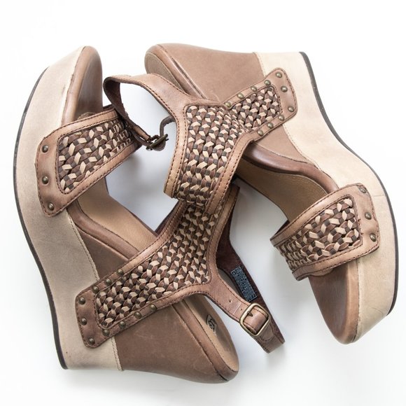 UGG Assia Sandals Leather Braided Straps Platform Wedge Heel Shoes Brown Size 10 - Picture 4 of 10
